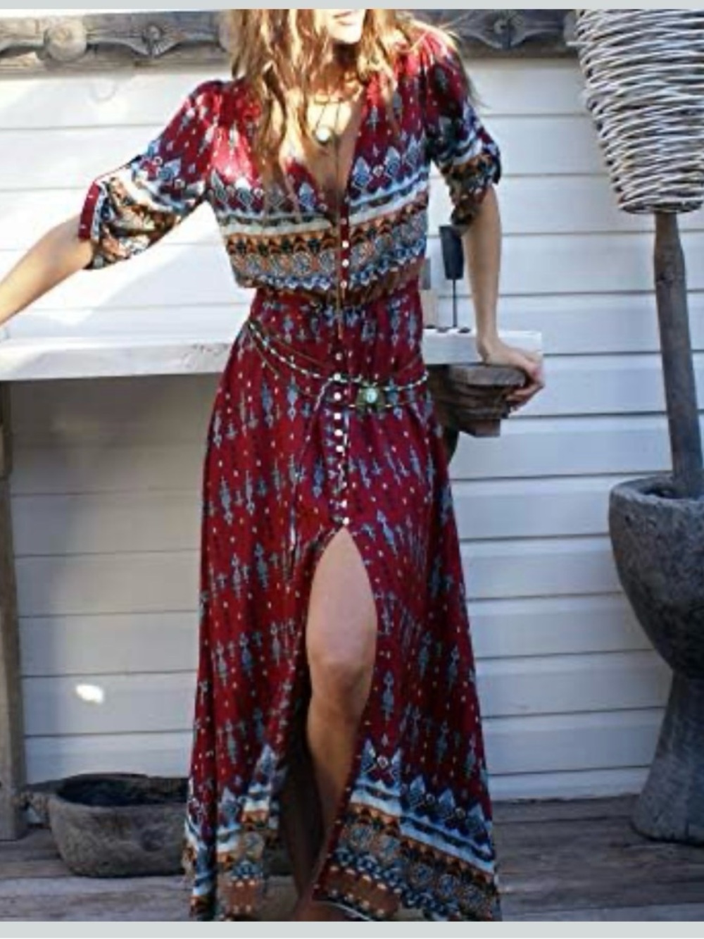Women's Button Up Floral Print Split Beach Maxi Dress boho hippie beach